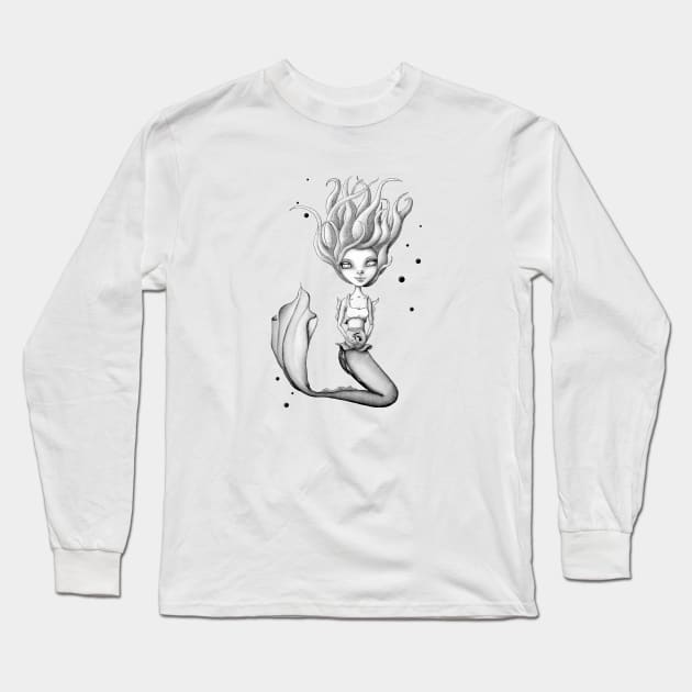 Miss Mermie and Her Pet Fish (Black and White Version) Long Sleeve T-Shirt by LittleMissTyne